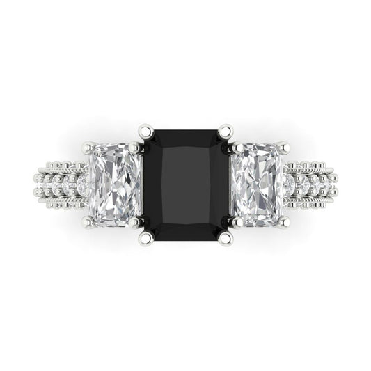 3.61 cttw Natural Onyx Three-Stone Engagement Ring - Solid White Gold (VVS1, Emerald Cut,8x6mm)