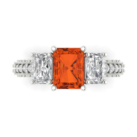 3.61 cttw Zirconia Simulated Red Diamond Three-Stone Engagement Ring - Solid White Gold (VVS1, Emerald Cut,8x6mm)
