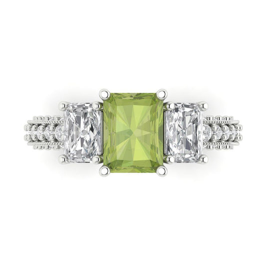 3.61 cttw Natural Peridot Three-Stone Engagement Ring - Solid White Gold (VVS1, Emerald Cut,8x6mm)