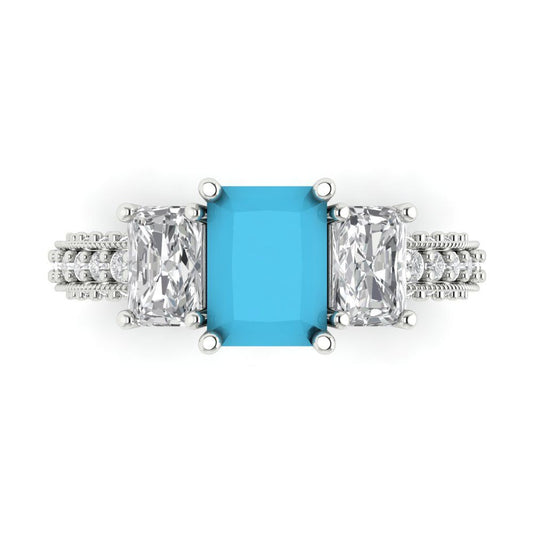 3.61 cttw Simulated Turquoise Three-Stone Engagement Ring - Solid White Gold (VVS1, Emerald Cut,8x6mm)