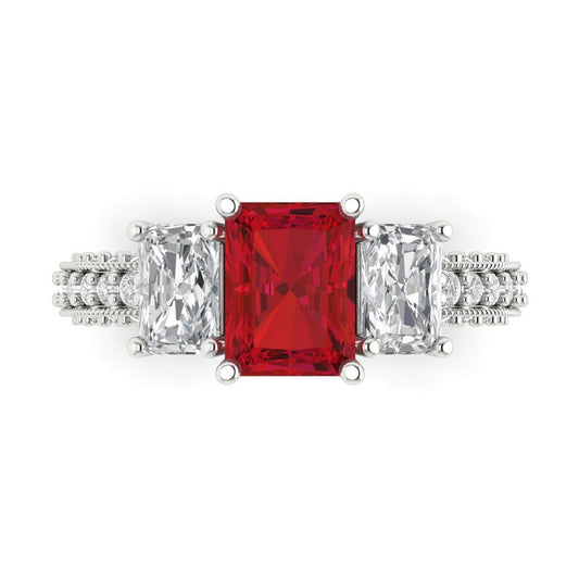 3.61 cttw Simulated Pink Tourmaline Three-Stone Engagement Ring - Solid White Gold (VVS1, Emerald Cut,8x6mm)