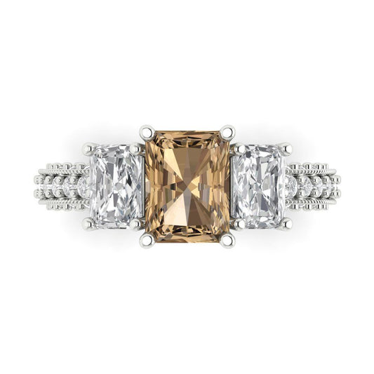 3.61 cttw Zirconia Simulated Champagne Diamond Three-Stone Engagement Ring - Solid White Gold (VVS1, Emerald Cut,8x6mm)
