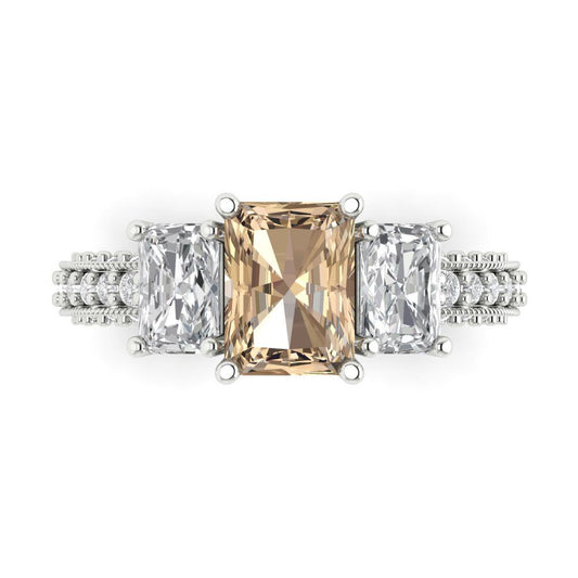 3.61 cttw Yellow Moissanite Three-Stone Engagement Ring - Solid White Gold (VVS1, Emerald Cut,8x6mm)