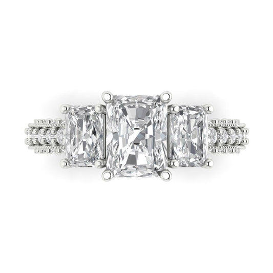 3.61 cttw White Sapphire Three-Stone Engagement Ring - Solid White Gold (VVS1, Emerald Cut,8x6mm)