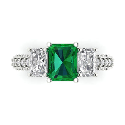 3.61 cttw Simulated Emerald Three-Stone Engagement Ring - Solid Gold (Emerald Cut,8x6mm)