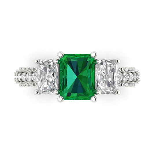 3.61 cttw Simulated Emerald Three-Stone Engagement Ring - Solid White Gold (VVS1, Emerald Cut,8x6mm)