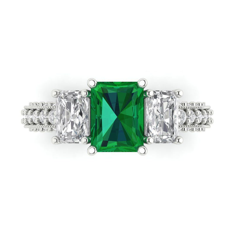 3.61 ct Brilliant Emerald Cut Simulated Emerald Stone White Gold Solitaire with Accents Three-Stone Ring