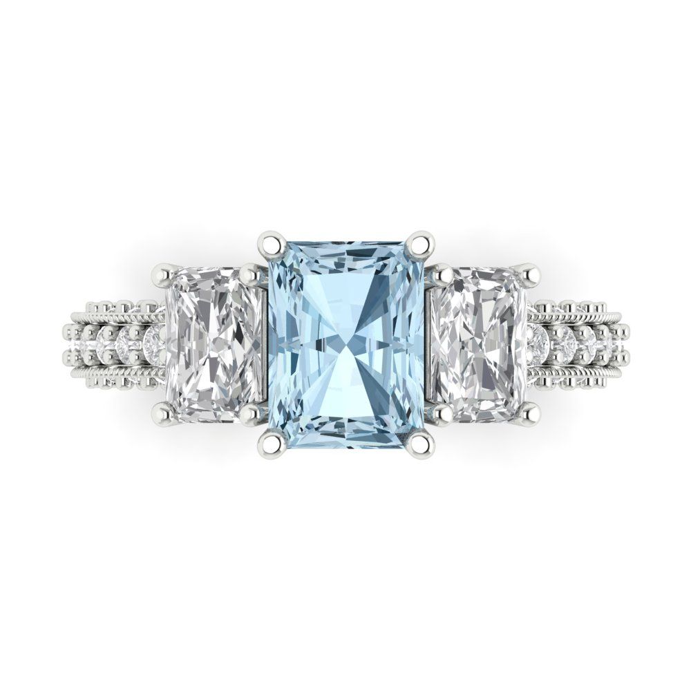 3.61 cttw Natural Aquamarine Three-Stone Engagement Ring - Solid Gold (Emerald Cut,8x6mm)