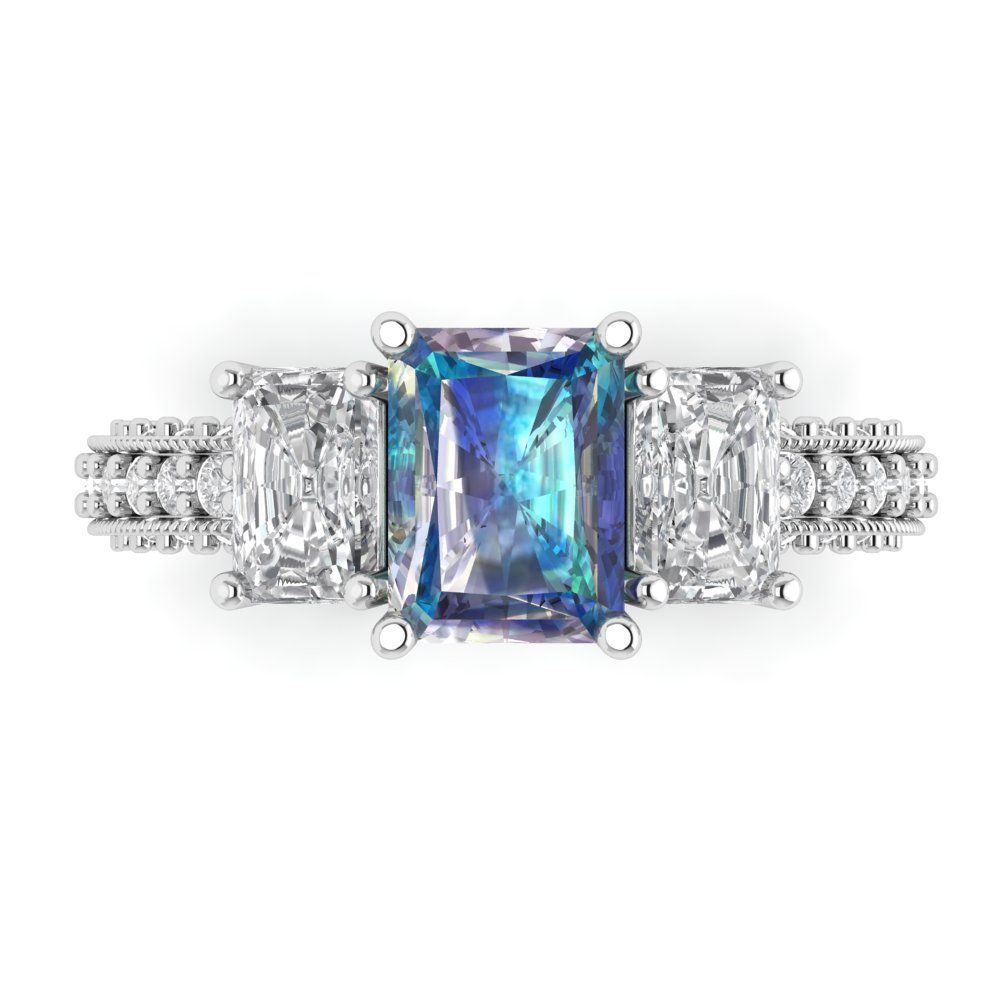 3.61 cttw Blue Moissanite Three-Stone Engagement Ring - Solid Gold (Emerald Cut,8x6mm)