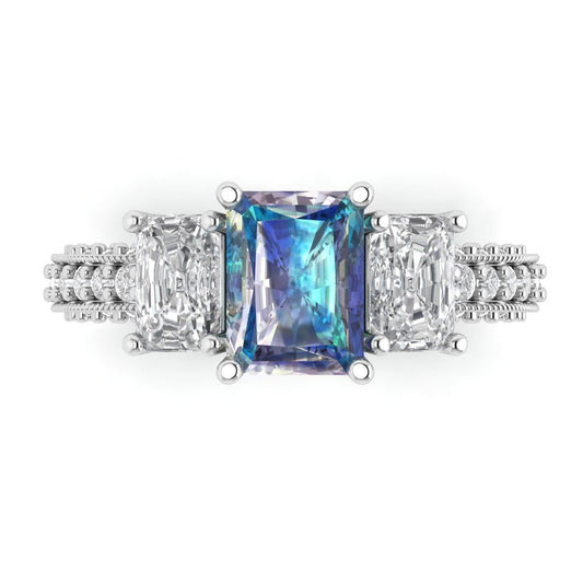 3.61 cttw Blue Moissanite Three-Stone Engagement Ring - Solid White Gold (VVS1, Emerald Cut,8x6mm)