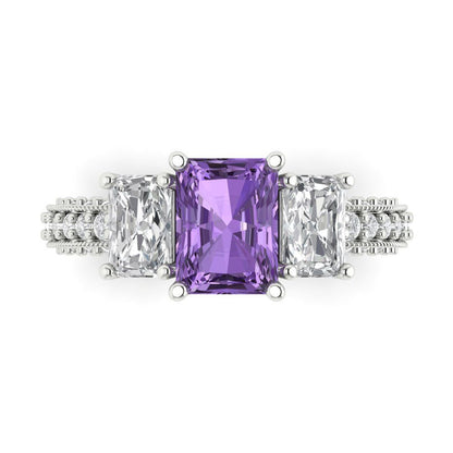 3.61 cttw Simulated Alexandrite Three-Stone Engagement Ring - Solid Gold (Emerald Cut,8x6mm)