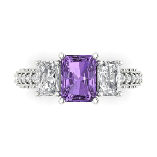 3.61 cttw Simulated Alexandrite Three-Stone Engagement Ring - Solid White Gold (VVS1, Emerald Cut,8x6mm)