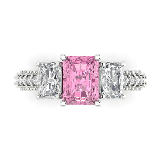 3.61 cttw Zirconia Simulated Pink Diamond Three-Stone Engagement Ring - Solid White Gold (VVS1, Emerald Cut,8x6mm)