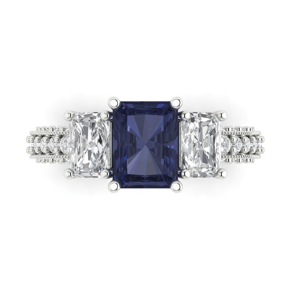 3.61 cttw Simulated Blue Sapphire Three-Stone Engagement Ring - Solid Gold (Emerald Cut,8x6mm)