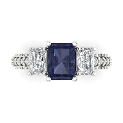 3.61 cttw Simulated Blue Sapphire Three-Stone Engagement Ring - Solid Gold (Emerald Cut,8x6mm)