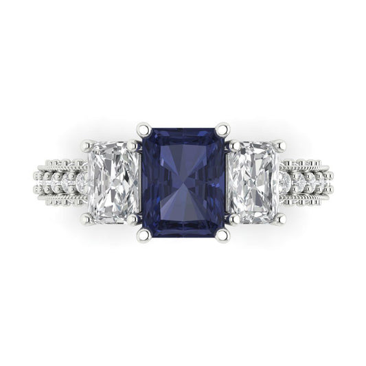 3.61 cttw Simulated Blue Sapphire Three-Stone Engagement Ring - Solid White Gold (VVS1, Emerald Cut,8x6mm)
