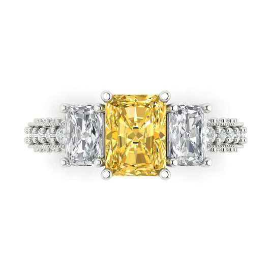3.61 cttw Natural Citrine Three-Stone Engagement Ring - Solid White Gold (VVS1, Emerald Cut,8x6mm)