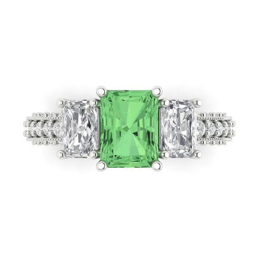 3.61 cttw Zirconia Simulated Green Diamond Three-Stone Engagement Ring - Solid White Gold (VVS1, Emerald Cut,8x6mm)