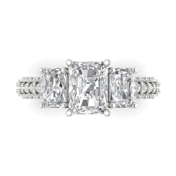 3.61 ct Brilliant Emerald Cut Moissanite Stone White Gold Solitaire with Accents Three-Stone Ring