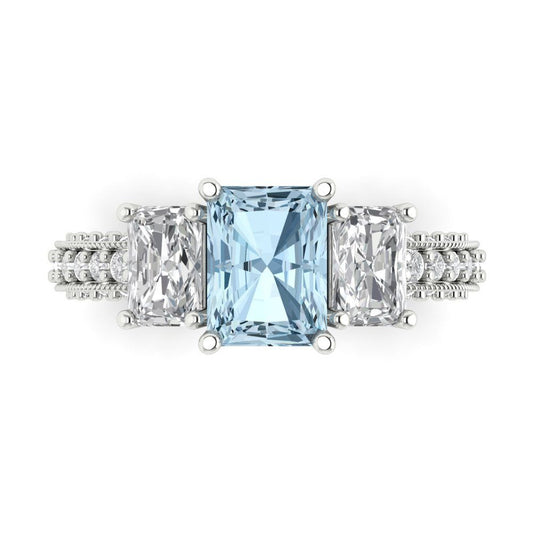3.61 cttw Natural Sky Blue Topaz Three-Stone Engagement Ring - Solid White Gold (VVS1, Emerald Cut,8x6mm)