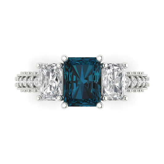 3.61 cttw Natural London Blue Topaz Three-Stone Engagement Ring - Solid White Gold (VVS1, Emerald Cut,8x6mm)