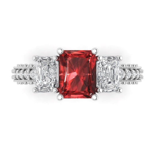 3.61 cttw Natural Garnet Three-Stone Engagement Ring - Solid White Gold (VVS1, Emerald Cut,8x6mm)
