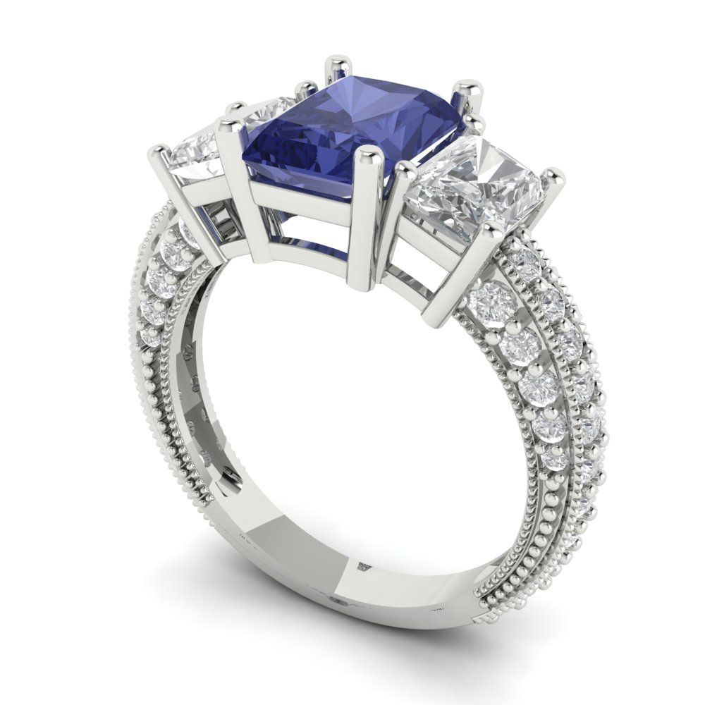 3.61 cttw Simulated Tanzanite Three-Stone Engagement Ring - Solid Gold (Emerald Cut,8x6mm)