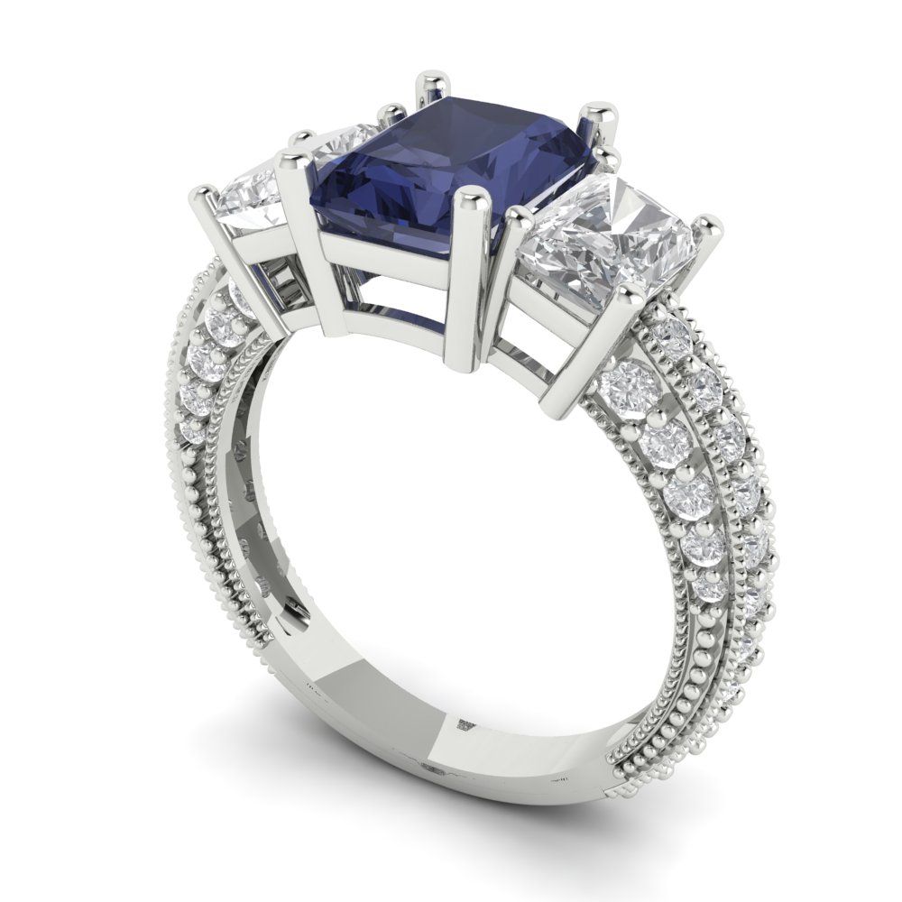 3.61 cttw Simulated Blue Sapphire Three-Stone Engagement Ring - Solid Gold (Emerald Cut,8x6mm)