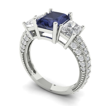 3.61 cttw Simulated Blue Sapphire Three-Stone Engagement Ring - Solid Gold (Emerald Cut,8x6mm)