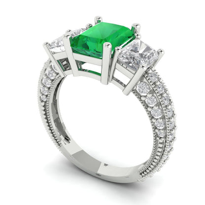 3.61 cttw Simulated Emerald Three-Stone Engagement Ring - Solid Gold (Emerald Cut,8x6mm)