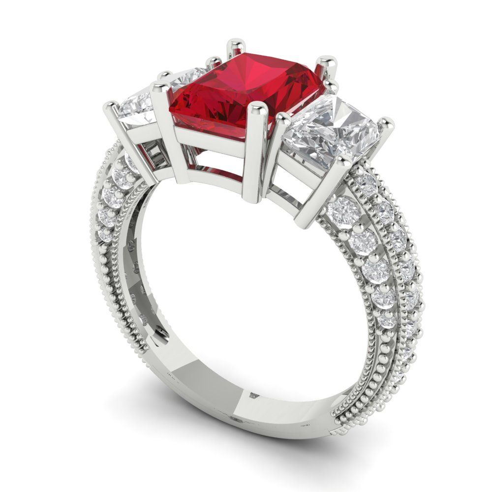 3.61 cttw Simulated Pink Tourmaline Three-Stone Engagement Ring - Solid Gold (Emerald Cut,8x6mm)