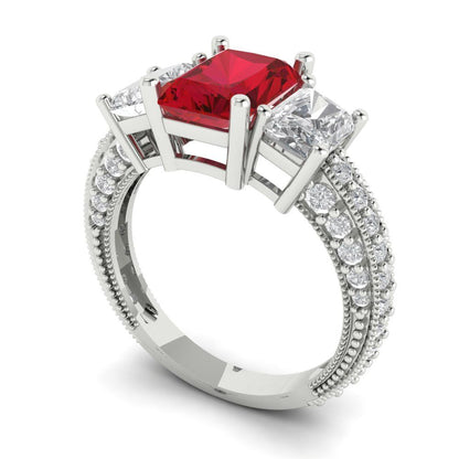 3.61 cttw Simulated Pink Tourmaline Three-Stone Engagement Ring - Solid Gold (Emerald Cut,8x6mm)