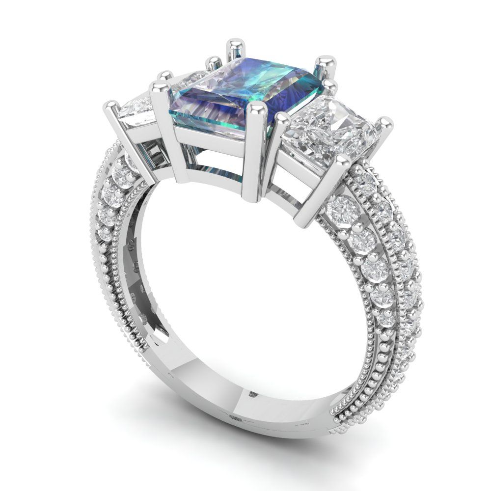 3.61 cttw Blue Moissanite Three-Stone Engagement Ring - Solid Gold (Emerald Cut,8x6mm)