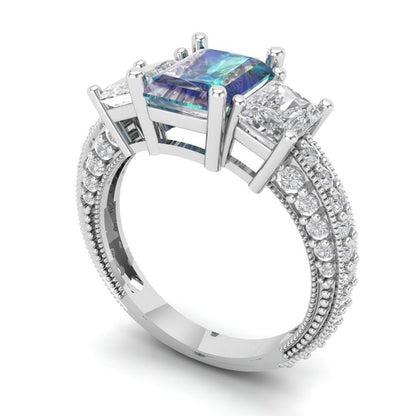 3.61 cttw Blue Moissanite Three-Stone Engagement Ring - Solid Gold (Emerald Cut,8x6mm)