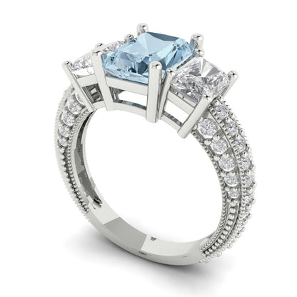 3.61 cttw Natural Aquamarine Three-Stone Engagement Ring - Solid Gold (Emerald Cut,8x6mm)