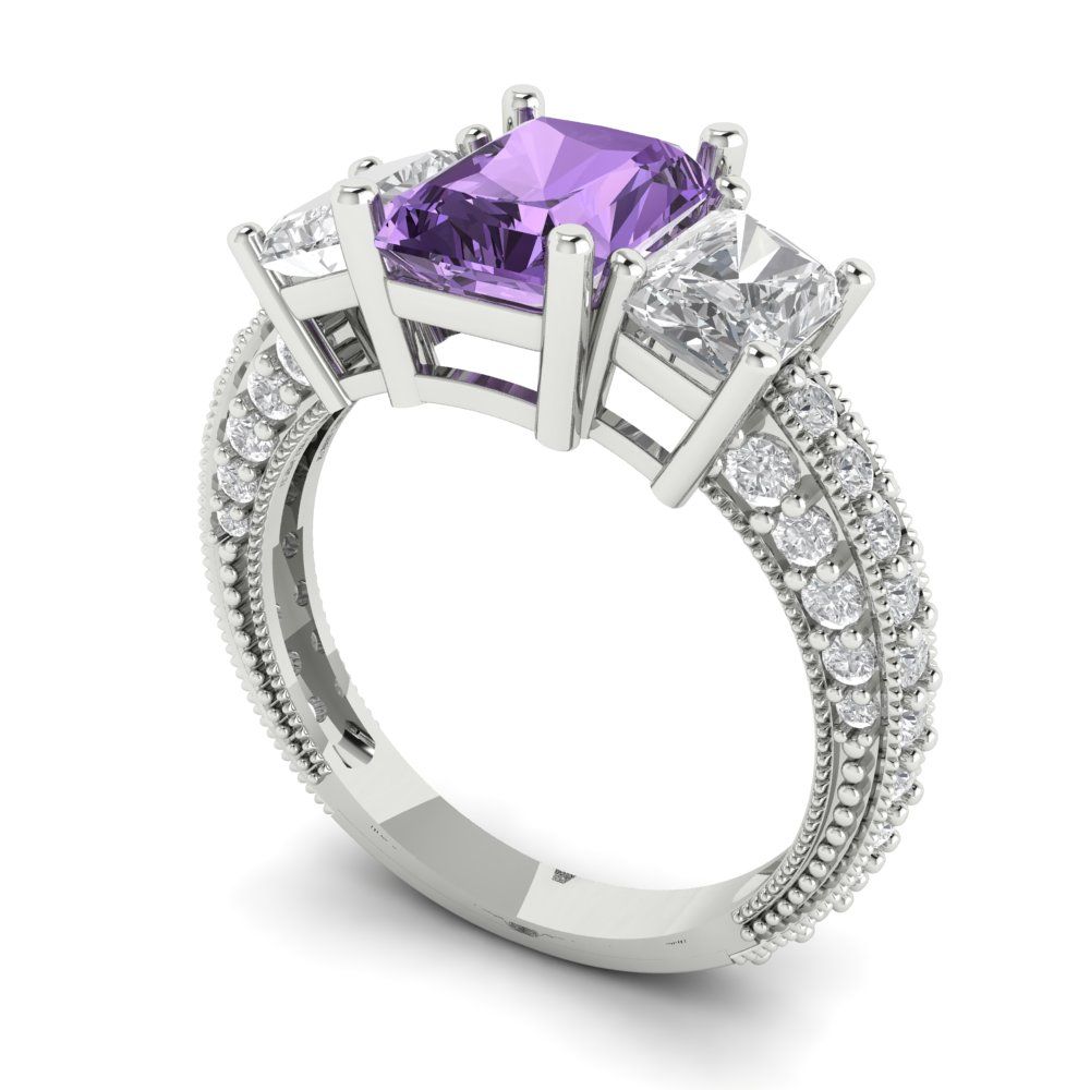 3.61 cttw Simulated Alexandrite Three-Stone Engagement Ring - Solid Gold (Emerald Cut,8x6mm)