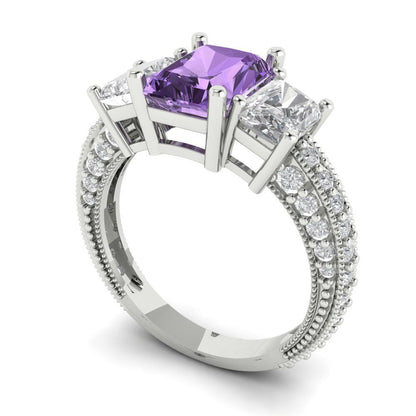 3.61 cttw Simulated Alexandrite Three-Stone Engagement Ring - Solid Gold (Emerald Cut,8x6mm)