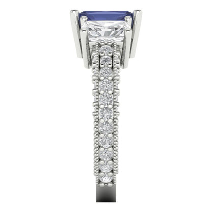 3.61 cttw Simulated Blue Sapphire Three-Stone Engagement Ring - Solid Gold (Emerald Cut,8x6mm)