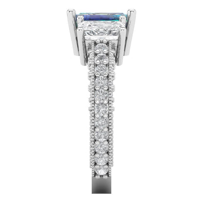 3.61 cttw Blue Moissanite Three-Stone Engagement Ring - Solid Gold (Emerald Cut,8x6mm)