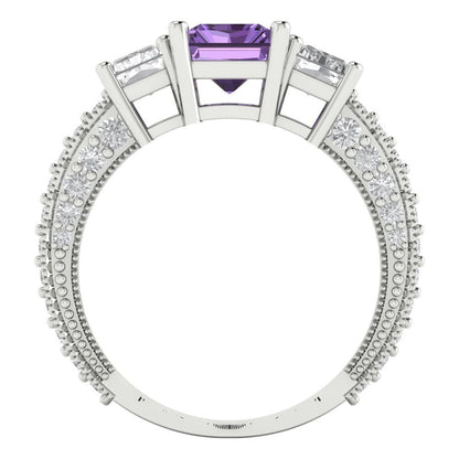 3.61 cttw Simulated Alexandrite Three-Stone Engagement Ring - Solid Gold (Emerald Cut,8x6mm)