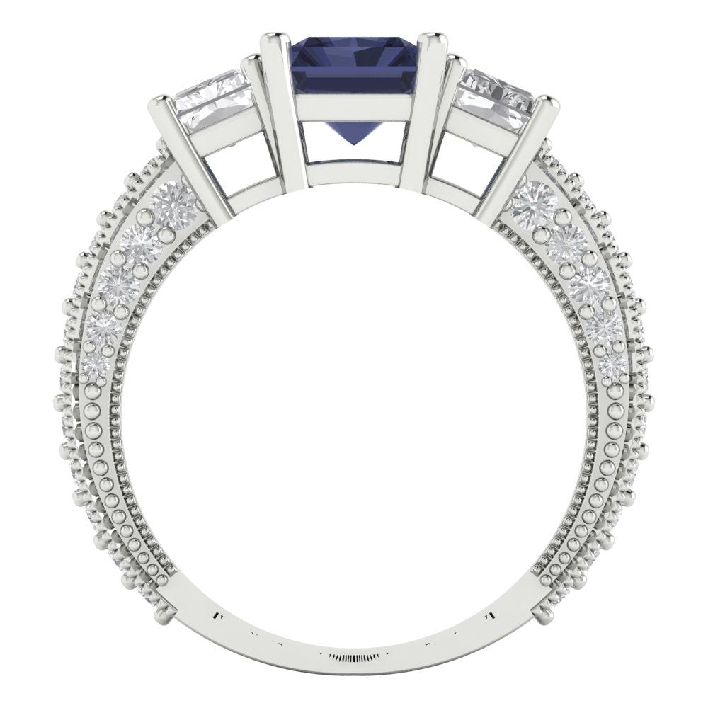 3.61 cttw Simulated Blue Sapphire Three-Stone Engagement Ring - Solid Gold (Emerald Cut,8x6mm)
