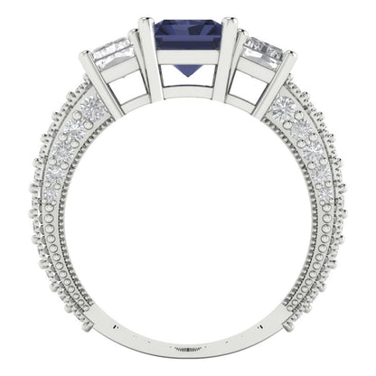 3.61 cttw Simulated Blue Sapphire Three-Stone Engagement Ring - Solid Gold (Emerald Cut,8x6mm)