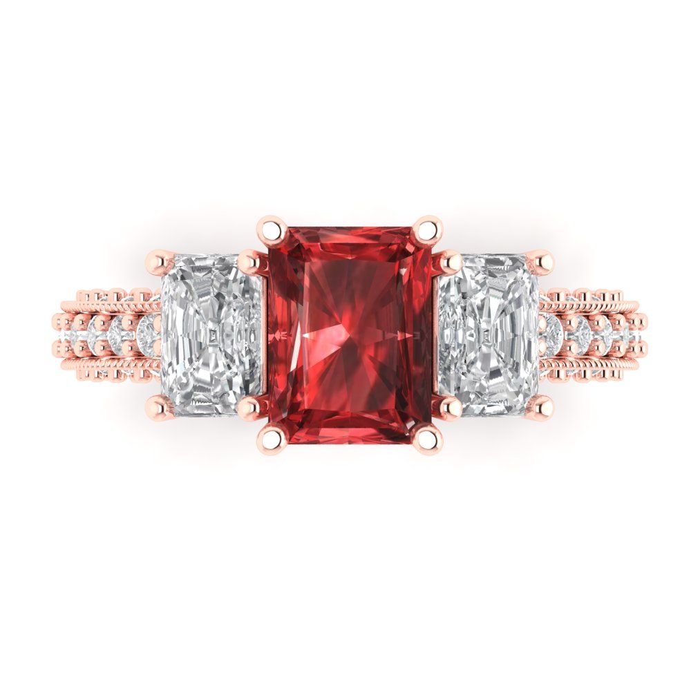 3.61 cttw Natural Garnet Three-Stone Engagement Ring - Solid Gold (Emerald Cut,8x6mm)