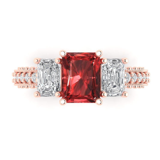 3.61 cttw Natural Garnet Three-Stone Engagement Ring - Solid Rose Gold (VVS1, Emerald Cut,8x6mm)