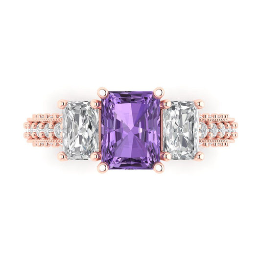 3.61 cttw Simulated Alexandrite Three-Stone Engagement Ring - Solid Rose Gold (VVS1, Emerald Cut,8x6mm)