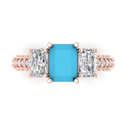 3.61 cttw Simulated Turquoise Three-Stone Engagement Ring - Solid Rose Gold (VVS1, Emerald Cut,8x6mm)