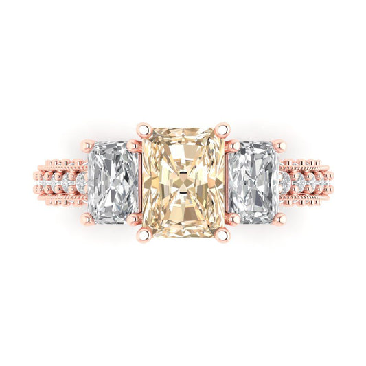 3.61 cttw Natural Morganite Three-Stone Engagement Ring - Solid Rose Gold (VVS1, Emerald Cut,8x6mm)