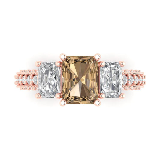 3.61 cttw Zirconia Simulated Champagne Diamond Three-Stone Engagement Ring - Solid Rose Gold (VVS1, Emerald Cut,8x6mm)