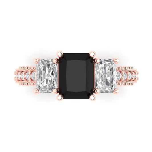 3.61 cttw Natural Onyx Three-Stone Engagement Ring - Solid Rose Gold (VVS1, Emerald Cut,8x6mm)