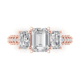 3.28 ct Brilliant Emerald Cut Natural Diamond Stone Clarity SI1-2 Color G-H Rose Gold Solitaire with Accents Three-Stone Ring